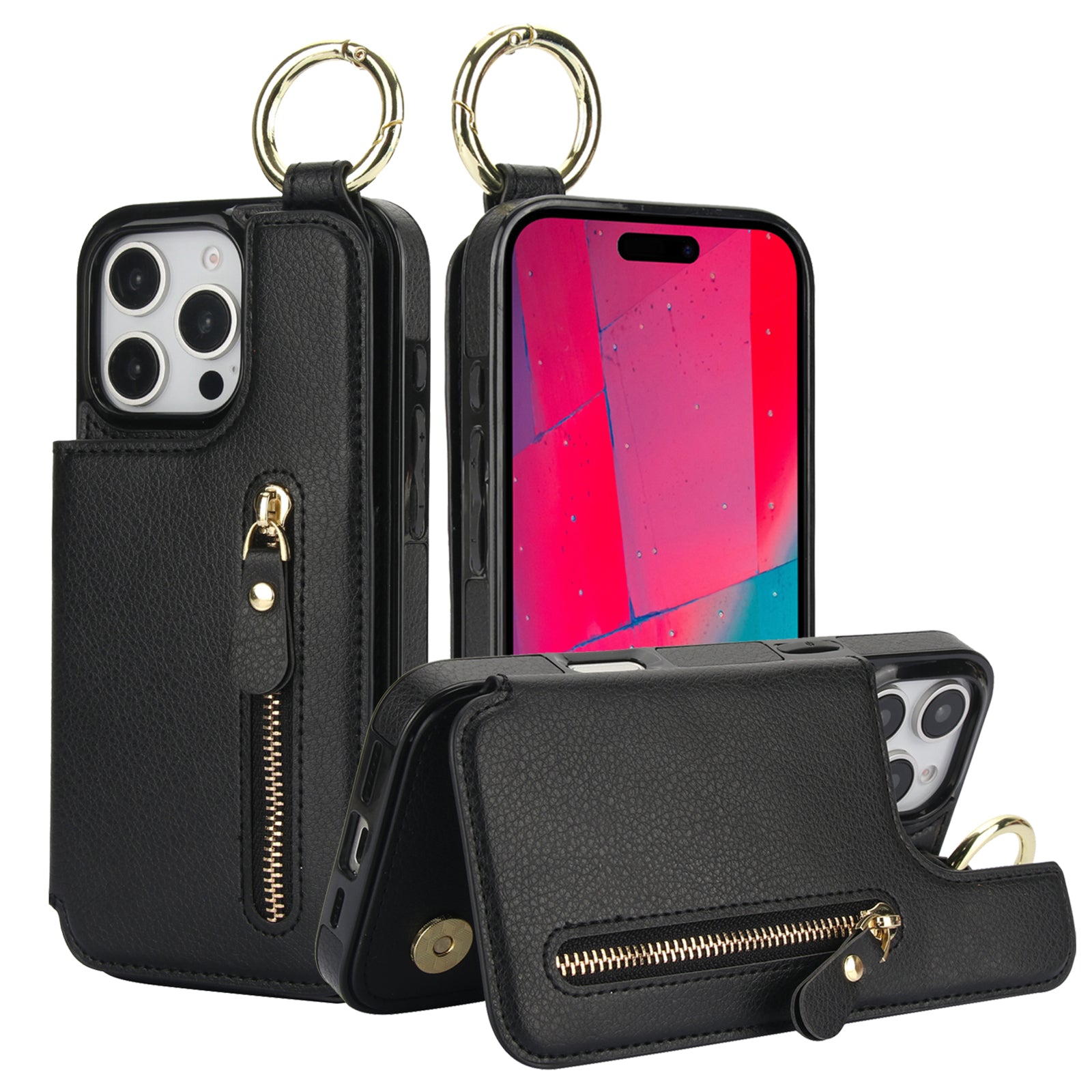 Luxury Zipper Wallet Leather iPhone Case – Card Holder, Ring Stand, Shockproof Protection, and Crossbody Design for Secure & Stylish Convenience