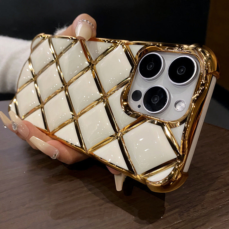 Luxury Plating Diamond Lattice Grid Shockproof Phone Case Gold Plated Cover for iPhone Models, Elegant & Durable Protection