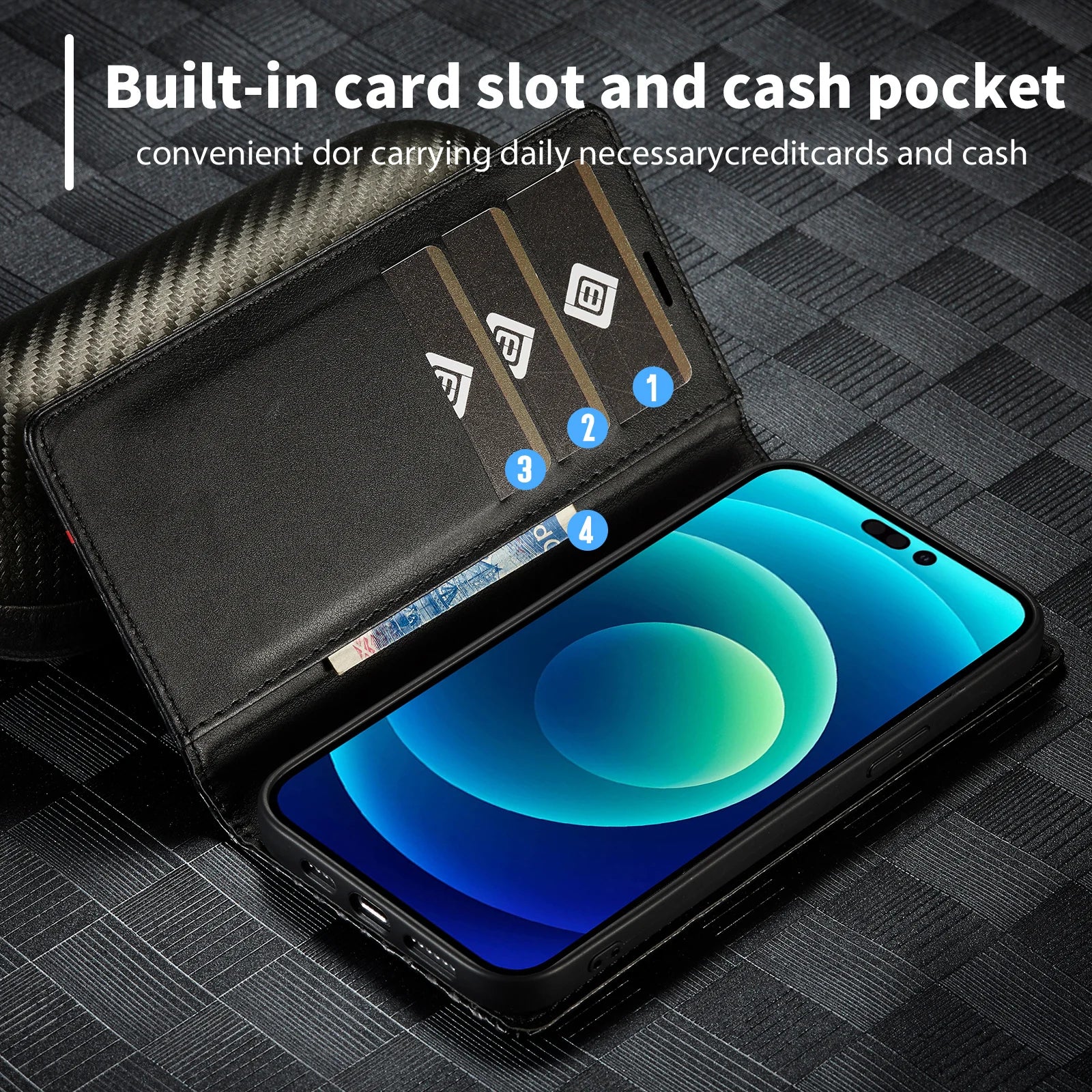 Luxury Carbon Fiber Leather Wallet iPhone Case – Magnetic Flip Cover, Card Holder, Shockproof Protection, Stylish & Durable for iPhone