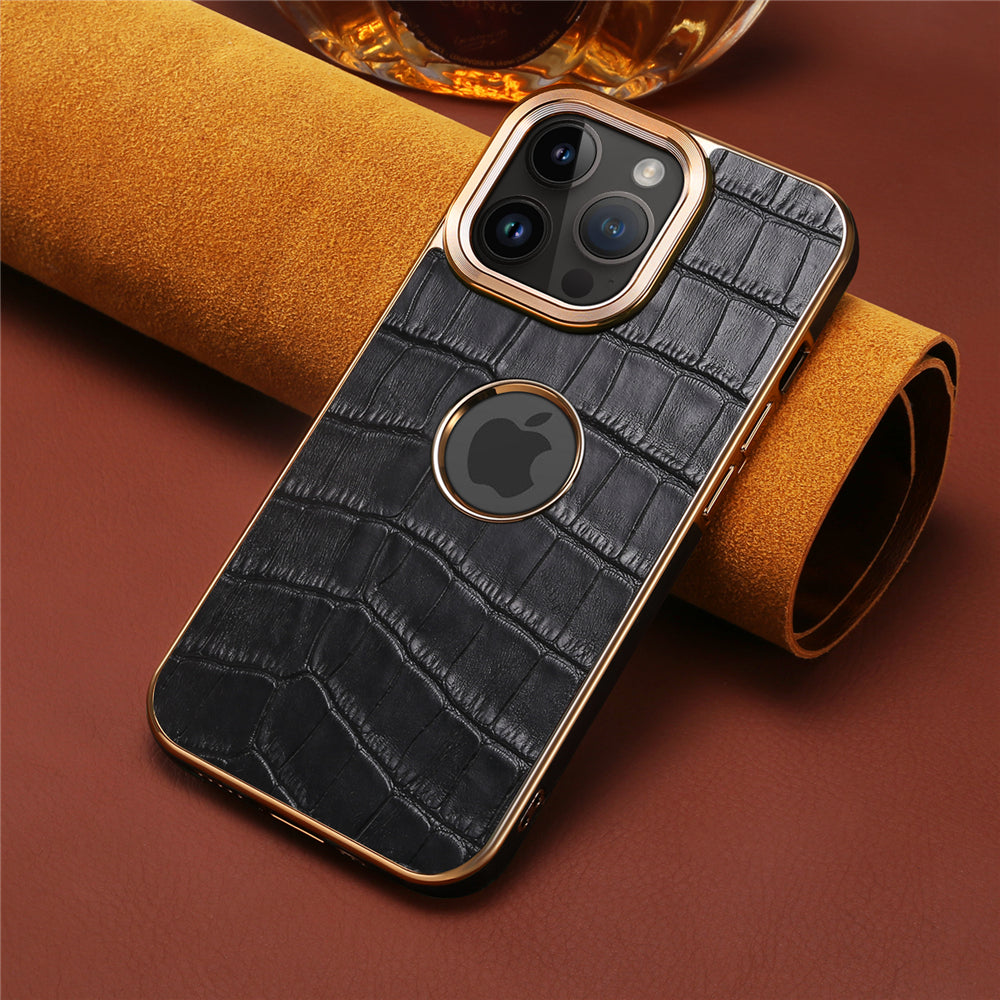 Luxury Plating Gold Genuine Cowhide Leather Case for iPhone - Crocodile Plaid Pattern Durable, Elegant Wallet Cover