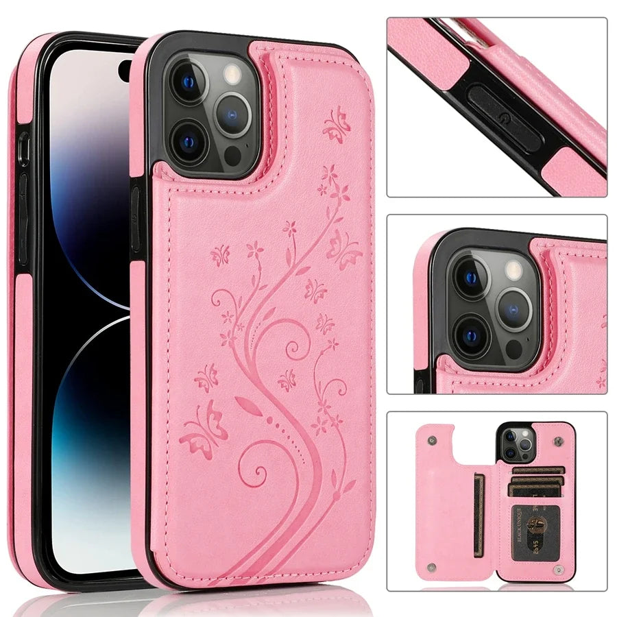 Luxury Wallet Butterfly Embossed Leather iPhone Case – Magnetic Flip, Card Slot, Stand Function, Shockproof Protective Cover