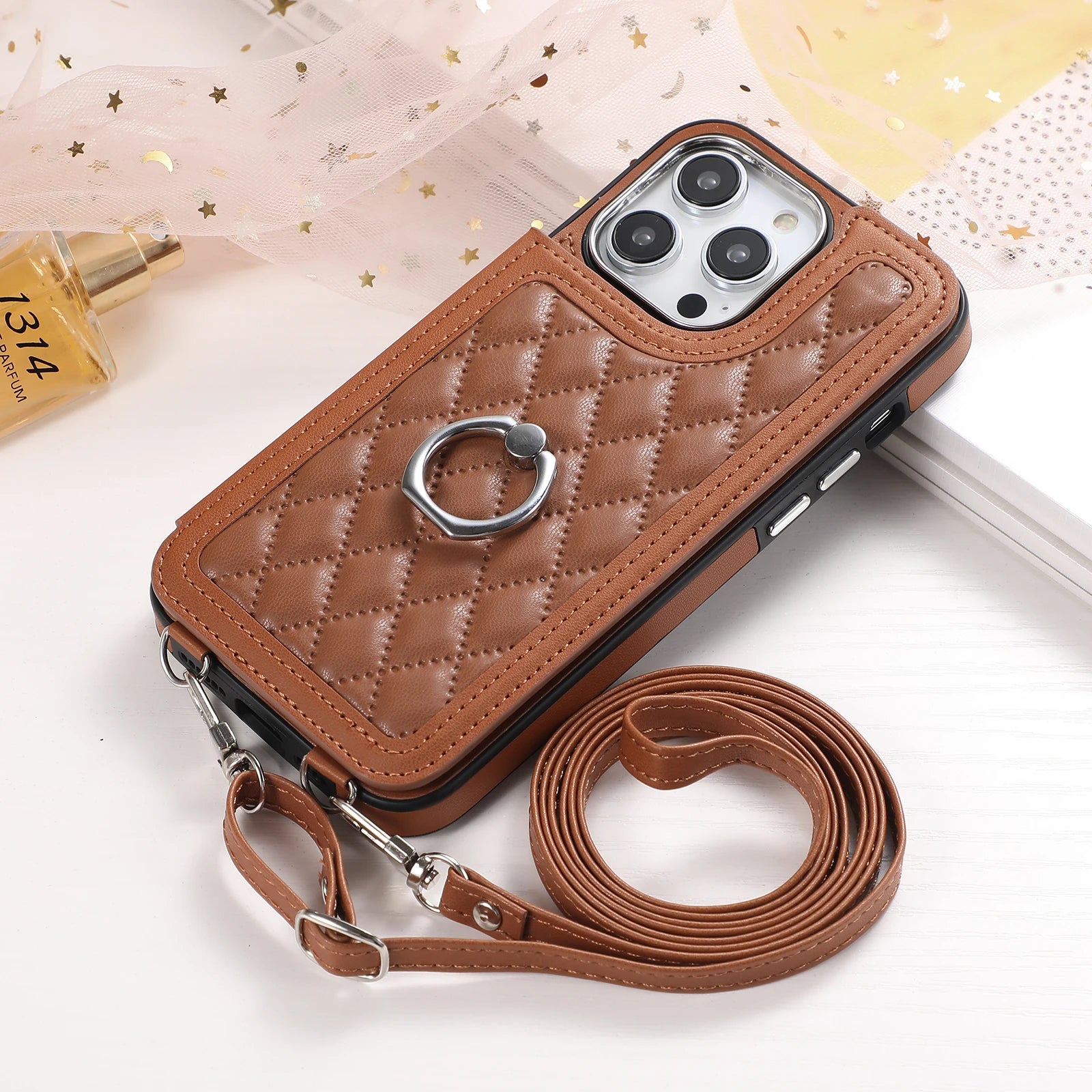 Luxury Crossbody RFID Leather Wallet Phone Case – Card Slot, Ring Holder, Double Buckle, Lanyard Bag Cover, Magnetic Closure