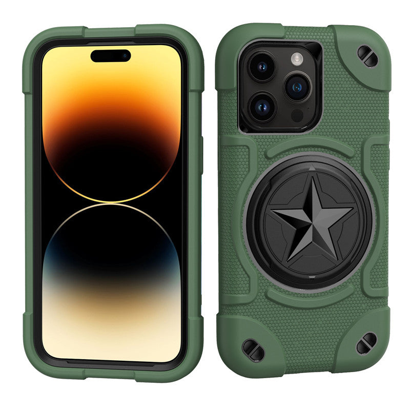 Shield Rotating Ring Rugged Stand Case – Five-Pointed Star Design, Macaron Color Bumper Cover, Durable Protection for iPhone Models