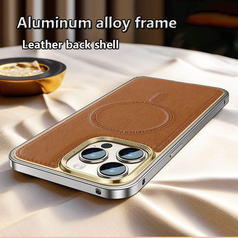 Luxury Leather MagSafe Phone Case Aluminum Alloy Frame with Leather Backplate Shockproof and Stylish Design for iPhone Models