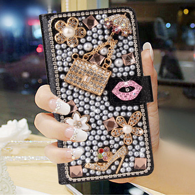 Luxury Bling Diamond Lipstick Wallet iPhone Case Flip Leather Cover with Card Slots, Rhinestone Design, Shockproof Protection