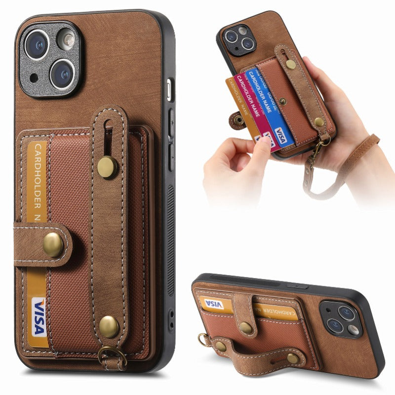 Luxury PU Leather Wallet iPhone Case with Wrist Strap – Stand Function, Card Holder, and Shockproof Protection for Secure and Stylish Convenience