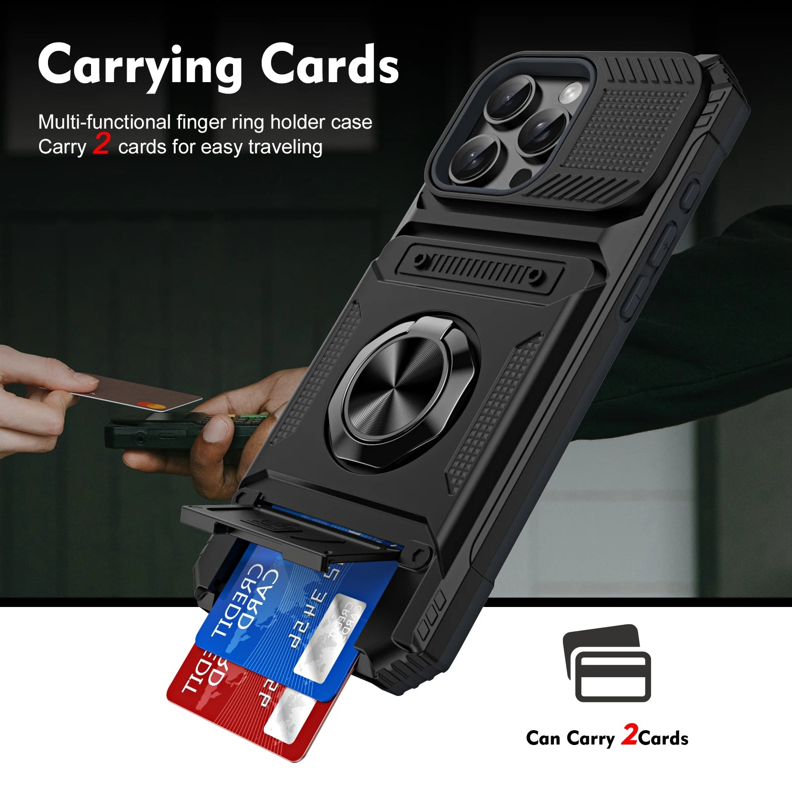 Magnetic Card Holder iPhone Case – Rotating Ring Kickstand, Heavy-Duty Shockproof Wallet Cover for iPhone Models