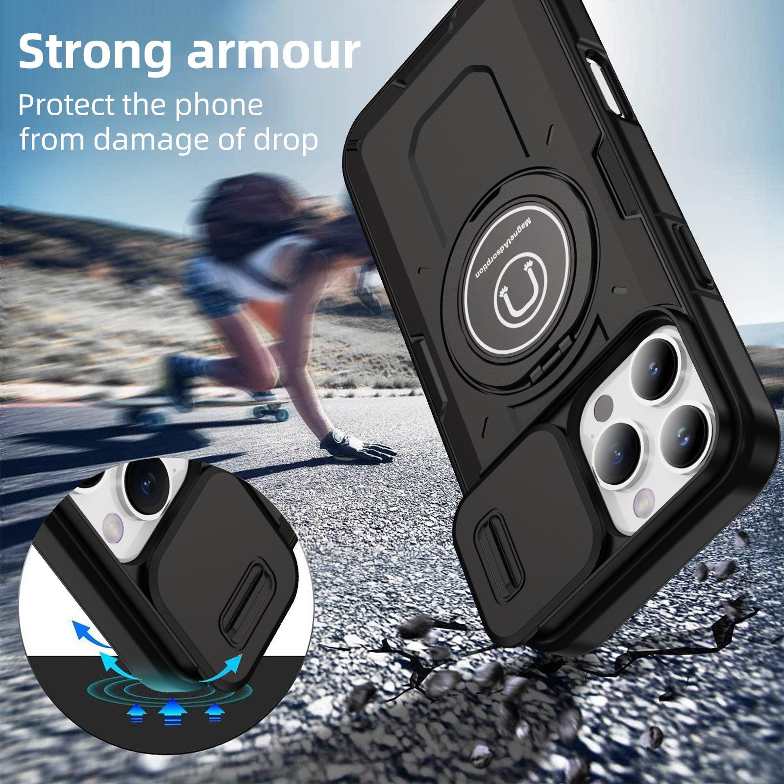 Slide Camera Ring Stand Armor Case – Anti-Fall Protection Kickstand Cover for iPhone Models