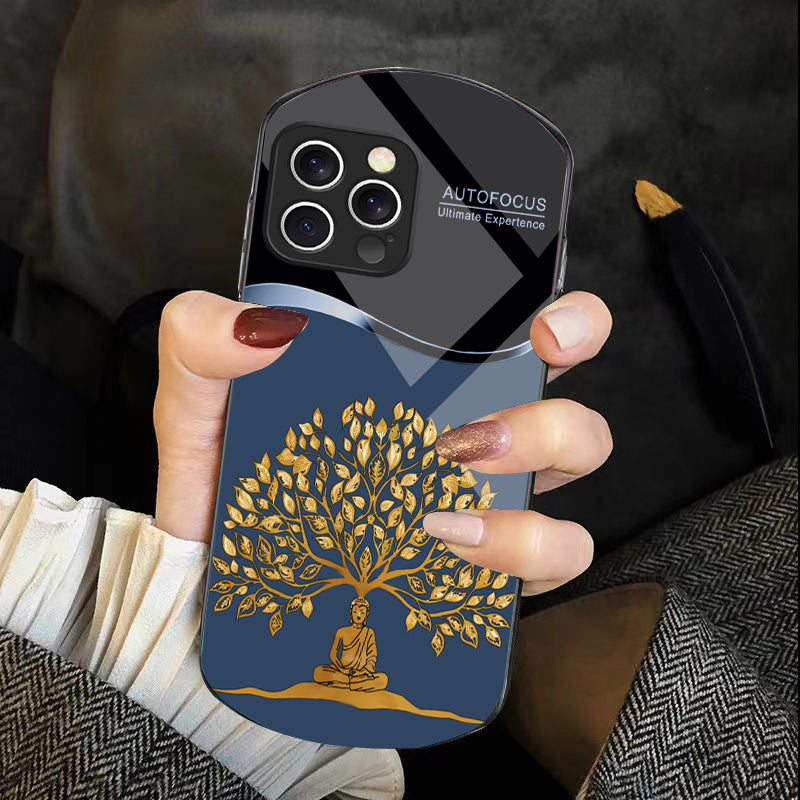 Golden Wealth Tree Phone Case – Elegant Tempered Glass for iPhone Models, Durable Protection, Stylish Elliptical Design