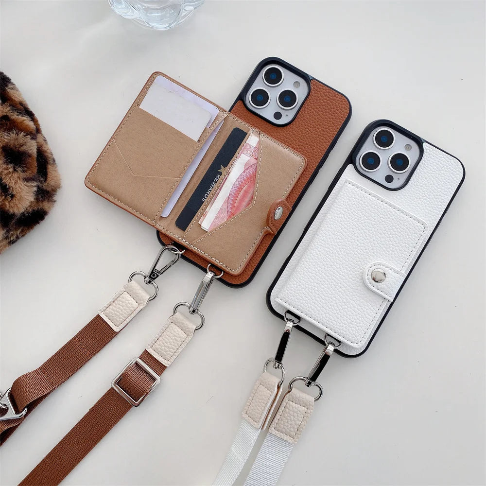 Luxury Crossbody Wallet Card Slot Coin Purse for iPhone 16, 15 Plus, 14, 13, 12, 11, 7, 8 Pro Max – Leather Lanyard Protective Phone Case Cover