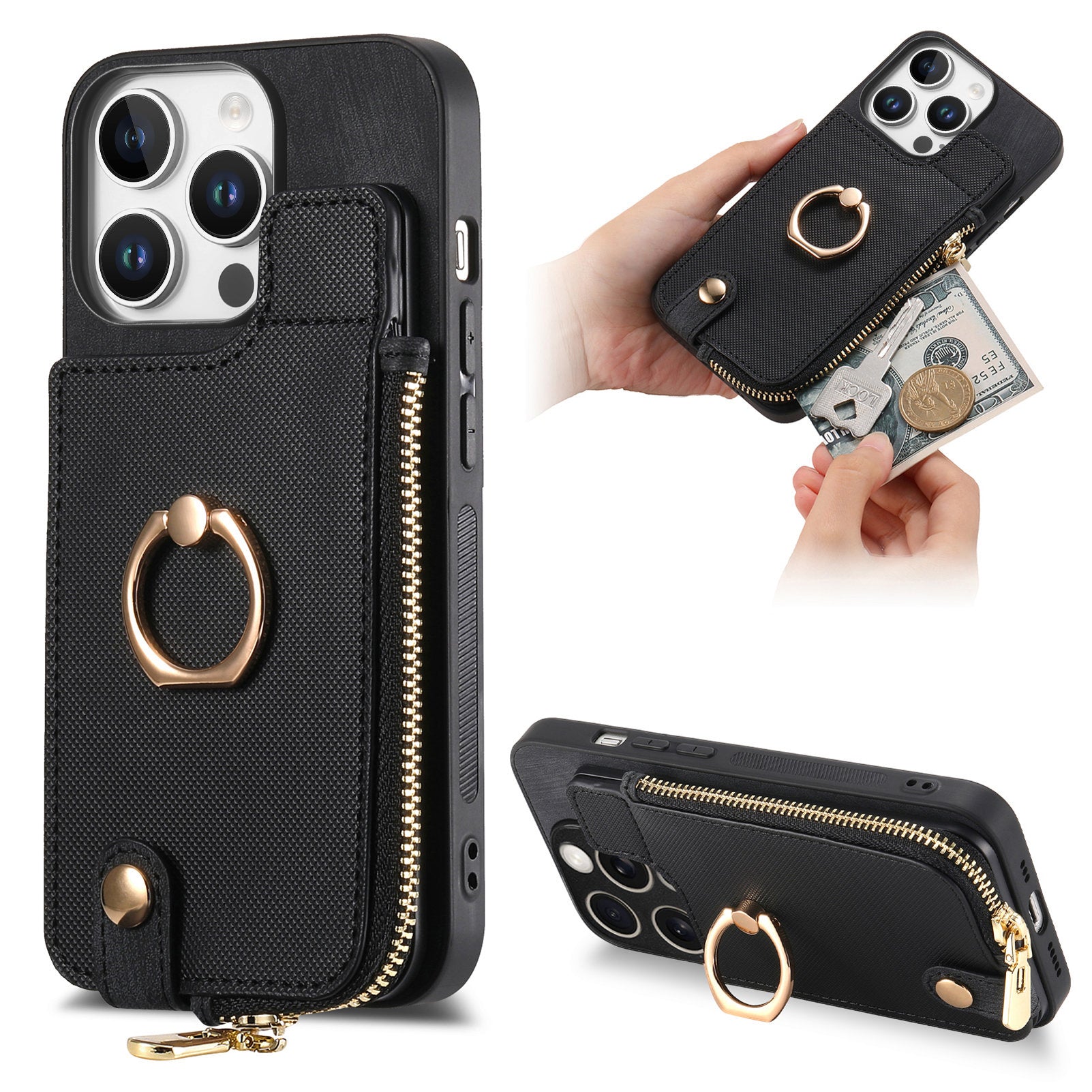 Luxury Zipper Wallet Leather Phone Case – Card Holder, Ring Kickstand, Shockproof Protection, and Stylish Crossbody Design for Secure & Convenient Use