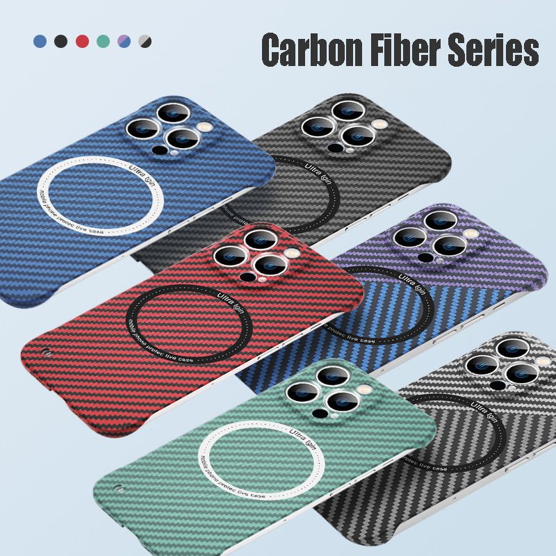 Ultra-Thin Carbon Fiber MagSafe Case – Frameless Matte PC Cover with Logo Hollow and Magnetic Ring for iPhone Models