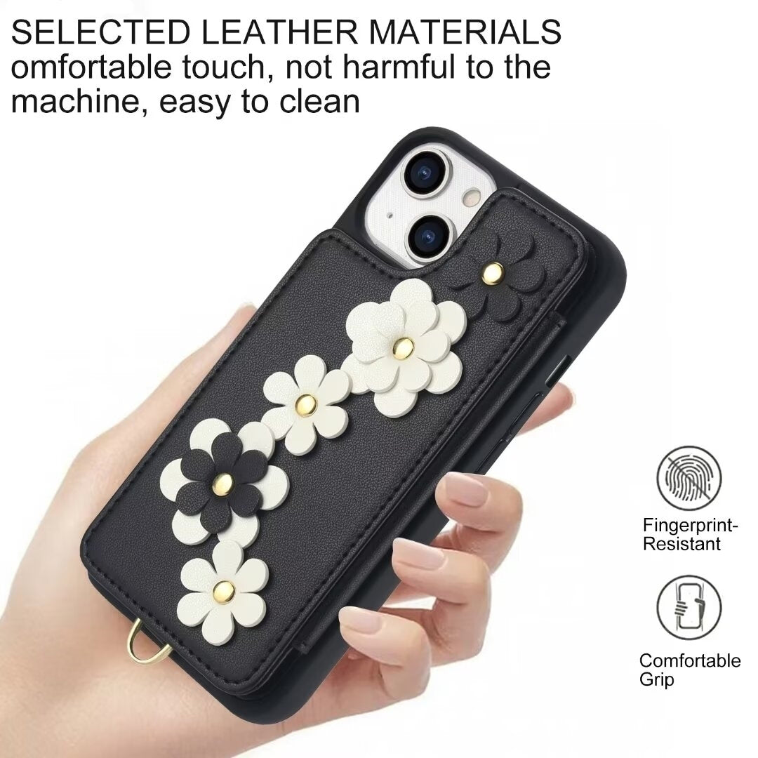 Luxury Crossbody Wallet Leather Phone Case – 3D Flower Design, Card Slot, Wrist Strap, Magnetic Closure, Protective Cover