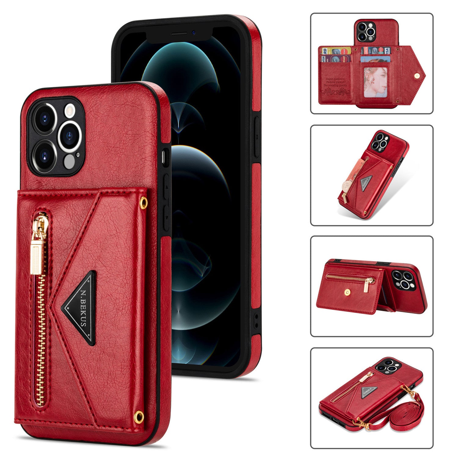 Zipper Wallet Crossbody Leather Case – Card Holder, Lanyard Strap, Secure Storage, Stylish Protection for iPhone Models