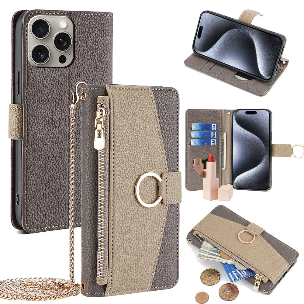 Premium Leather Crossbody Wallet Case for iPhone - Flip Mirror Design, Long Lanyard,  Shockproof Protection for iPhone Models