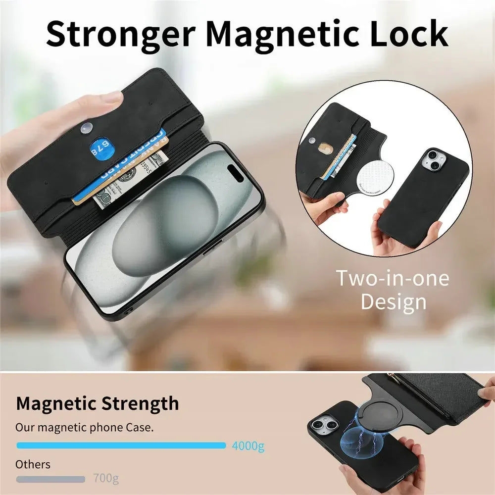 Premium 2-in-1 Magnetic Wallet iPhone Case – Zipper Leather Bag, Card Slot, Wireless Charging Compatible, Shockproof Protection for iPhone