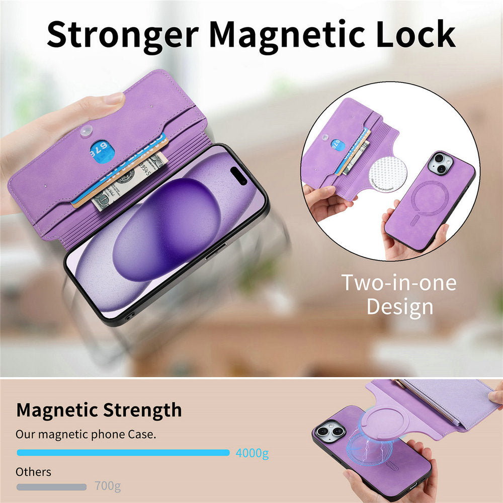 Premium 2-in-1 Magnetic Wallet iPhone Case – Zipper Leather Bag, Card Slot, Wireless Charging Compatible, Shockproof Protection for iPhone