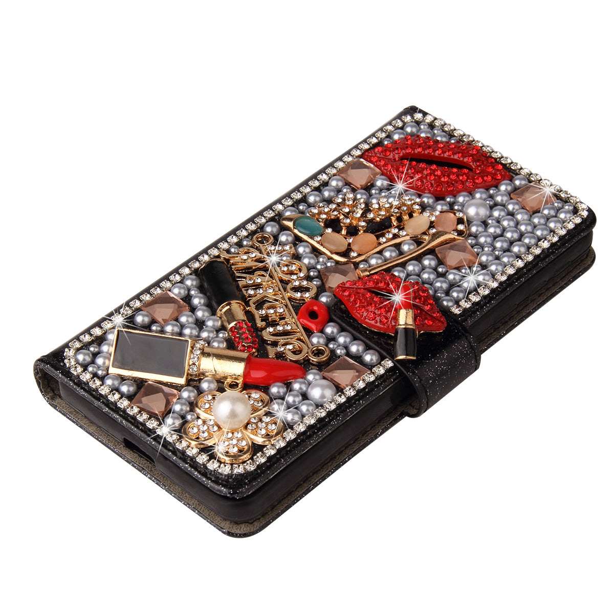 Luxury Bling Diamond Lipstick Wallet iPhone Case Flip Leather Cover with Card Slots, Rhinestone Design, Shockproof Protection