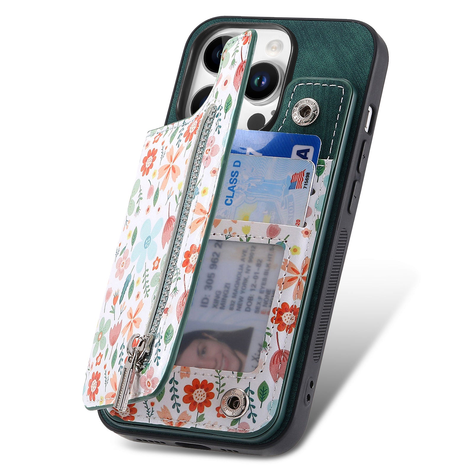 Zipper Card Slot Wallet Case – Magnetic Closure, Purse Pocket, Floral Design, Shockproof Protective Cover for iPhone