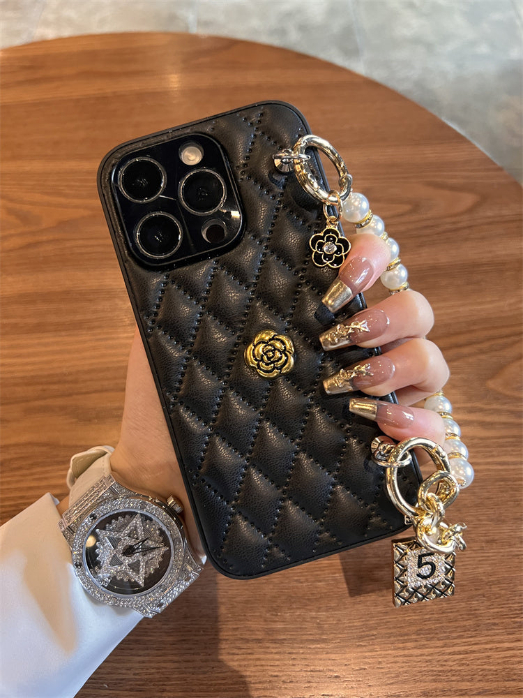 High Quality Luxurious Phone Case – 3D Camellia Design with Chain Strap for iPhone