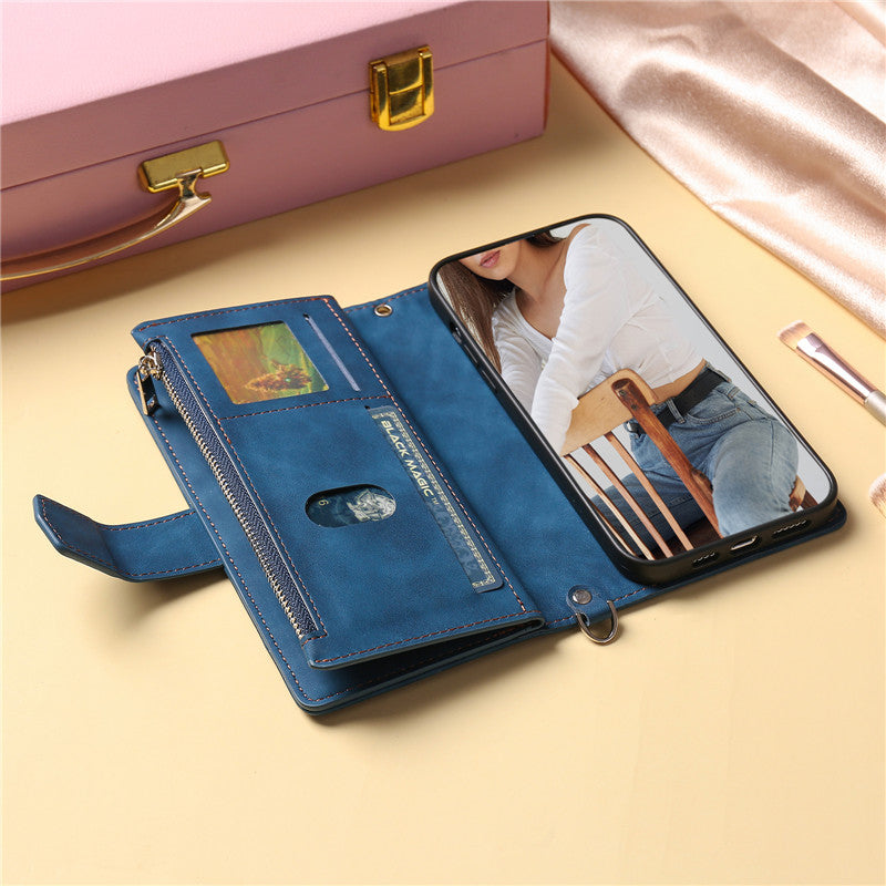 Luxury Flip Leather Wallet Phone Case – Long Lanyard, Zipper Closure, Card Holder, Magnetic Protection, and Premium Design for iPhone