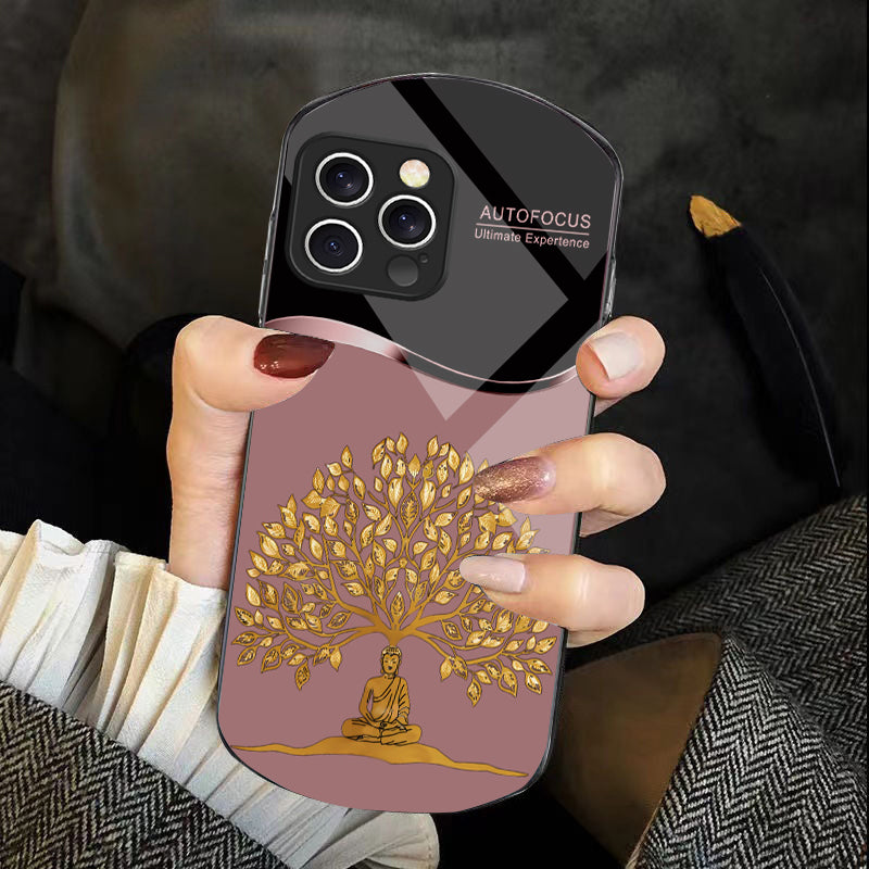 Golden Wealth Tree Phone Case – Elegant Tempered Glass for iPhone Models, Durable Protection, Stylish Elliptical Design