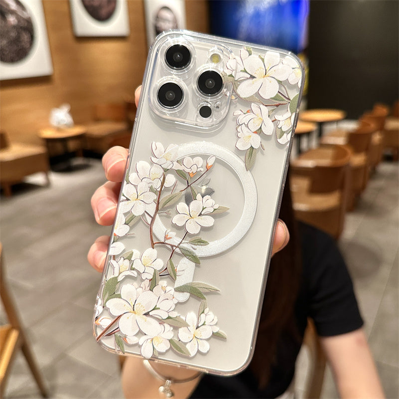 Transparent Floral MagSafe Case - Clear Shockproof Phone Cover with Magnetic Wireless Charging Compatibility Case for iPhone