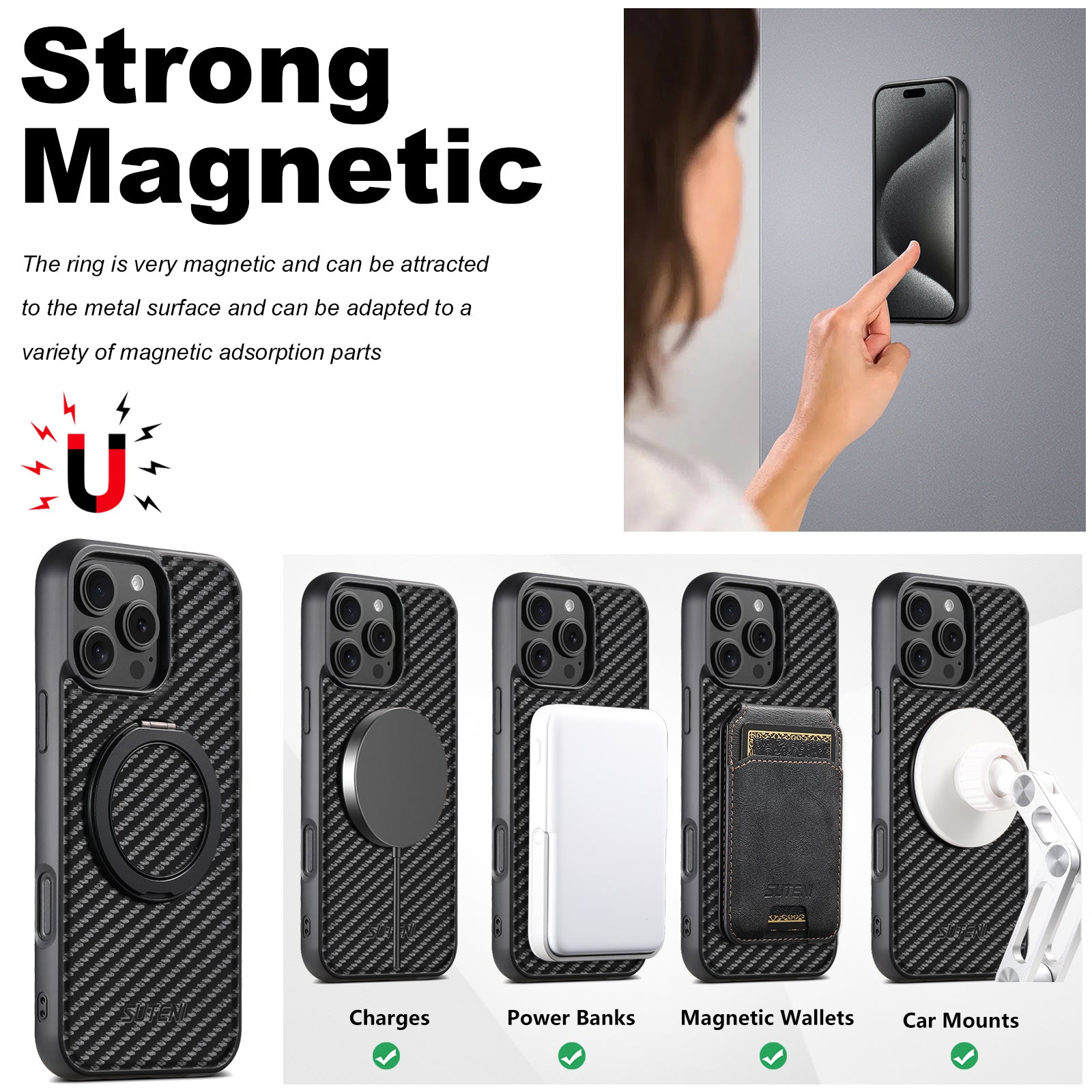 MagSafe Wireless Charging iPhone Case – Strong Magnetic 360° Rotating Ring Stand PU Leather Cover for iPhone Models