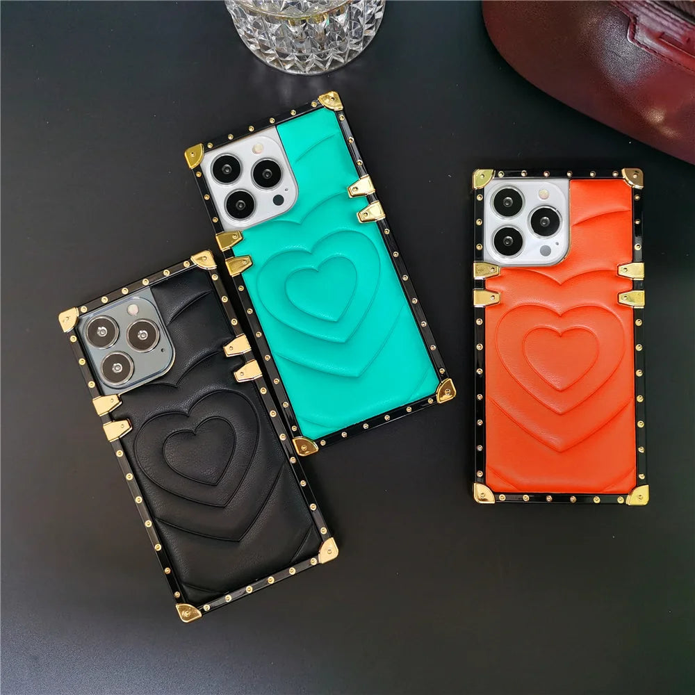 Luxury 3D Love Heart Soft PU Leather Case Shockproof Phone Cover for iPhone 15, 13 Pro Max, 12, 11 Pro, 14 Pro Max XR, XS Max