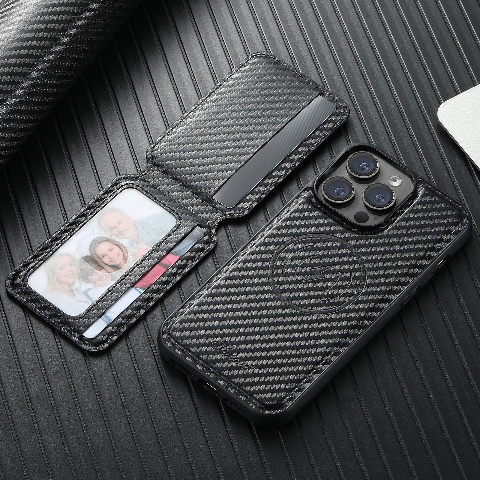 Carbon Fiber Texture Detachable Leather iPhone Case – Magnetic Wallet, Card Holder, Shockproof Protection, Stylish & Durable