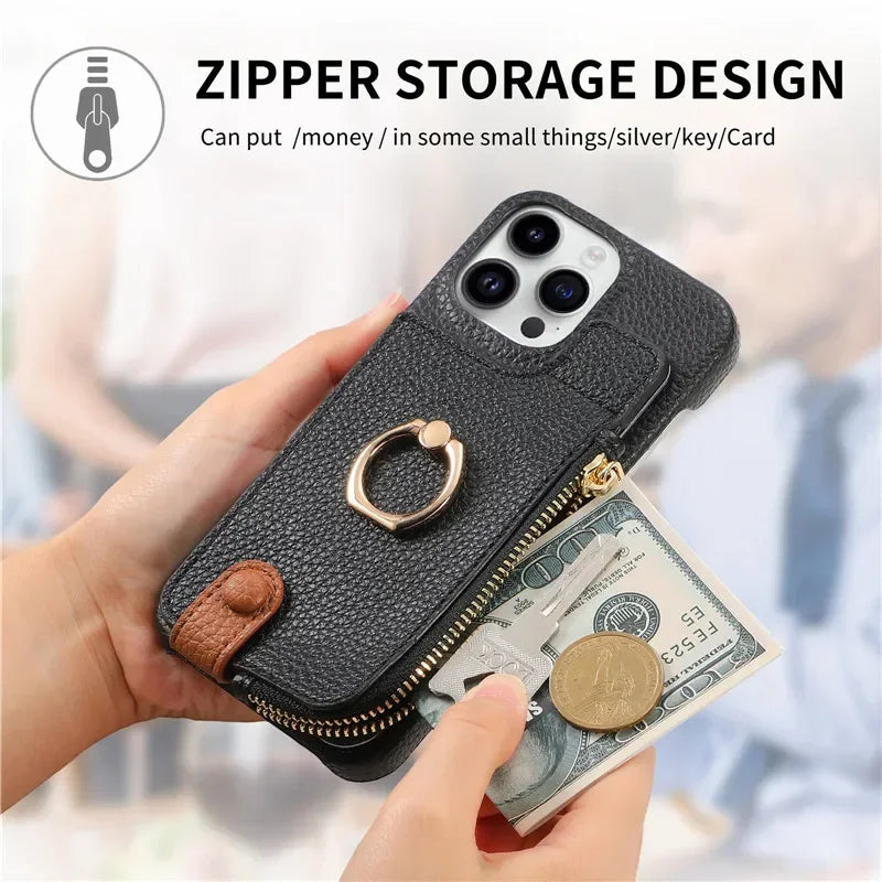 Luxury Leather Zipper Wallet Phone Case – Card Holder, Ring Kickstand, Shockproof Cover for iPhone Models