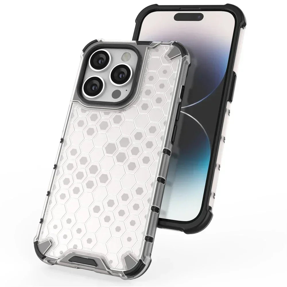 KEYSION Shockproof Armor Case – Soft Silicone + PC Transparent Honeycomb Back Cover for iPhone Models, Durable and Protective Design