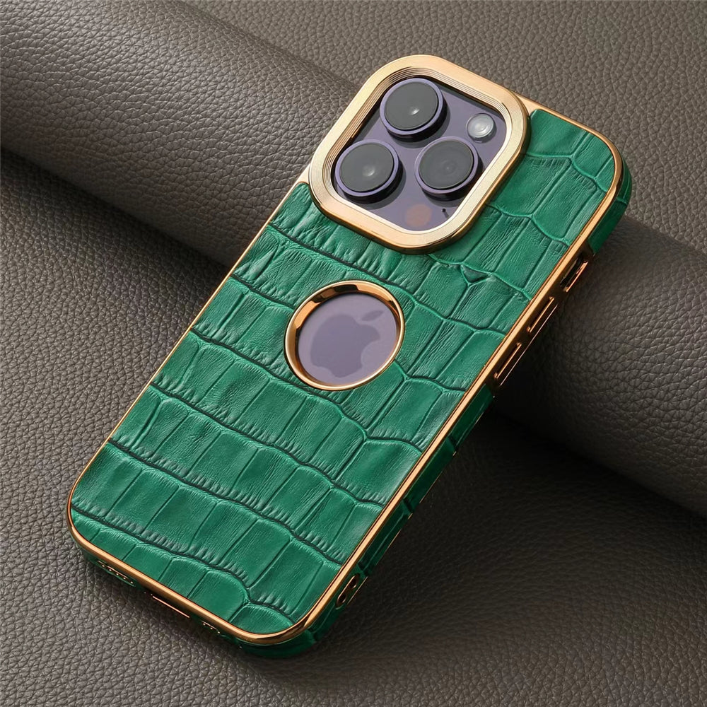 Luxury Plating Gold Genuine Cowhide Leather Case for iPhone - Crocodile Plaid Pattern Durable, Elegant Wallet Cover