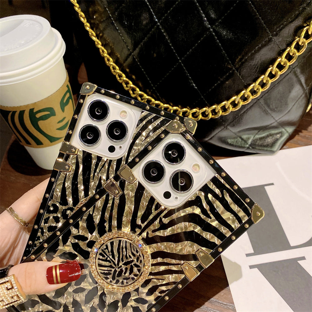 Luxury Leopard Gold Plating Phone Case Glitter Diamond Ring Stand for iPhone Models Stylish Design Durable & Functional Funda