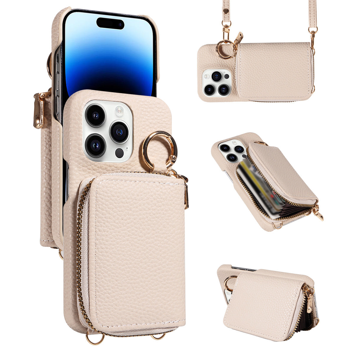 Luxury Zipper Wallet Crossbody Phone Case – Leather Cover with Card Holder, Lanyard Strap, and Full Protection for iPhone Models