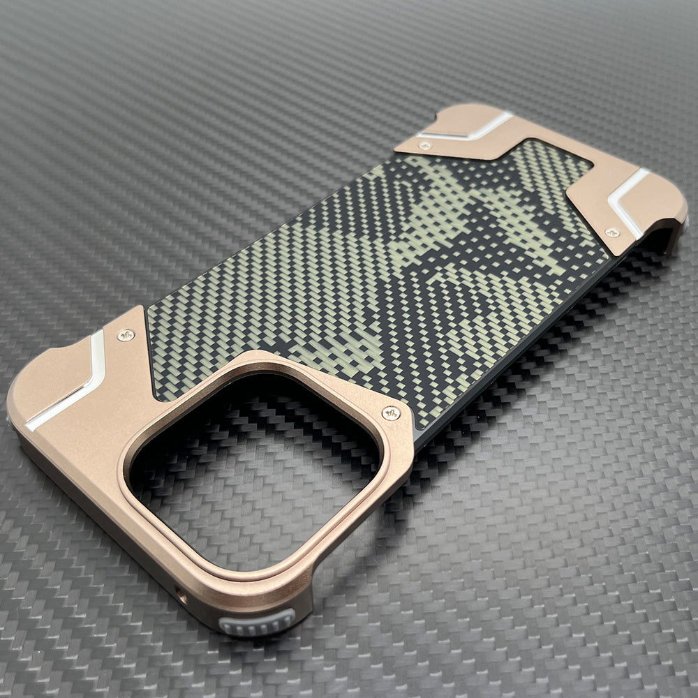 Camouflage Metal Armor Case Frameless Real Carbon Fiber Cover with Built-In Magnet for iPhone Models, Durable and  Protection