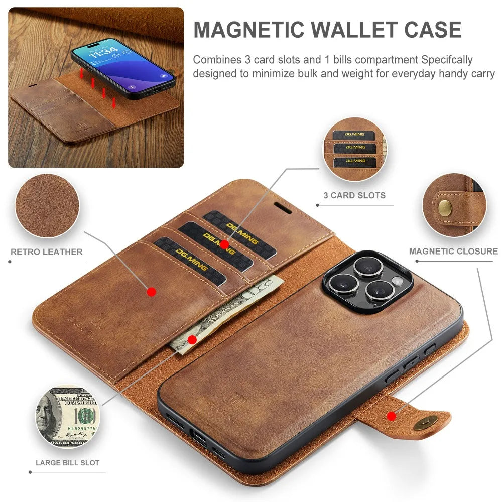 Premium Detachable Magnetic Leather Wallet iPhone Case – Card Holder, Shockproof Protection, and Stylish Flip Cover for Secure and Convenient Use