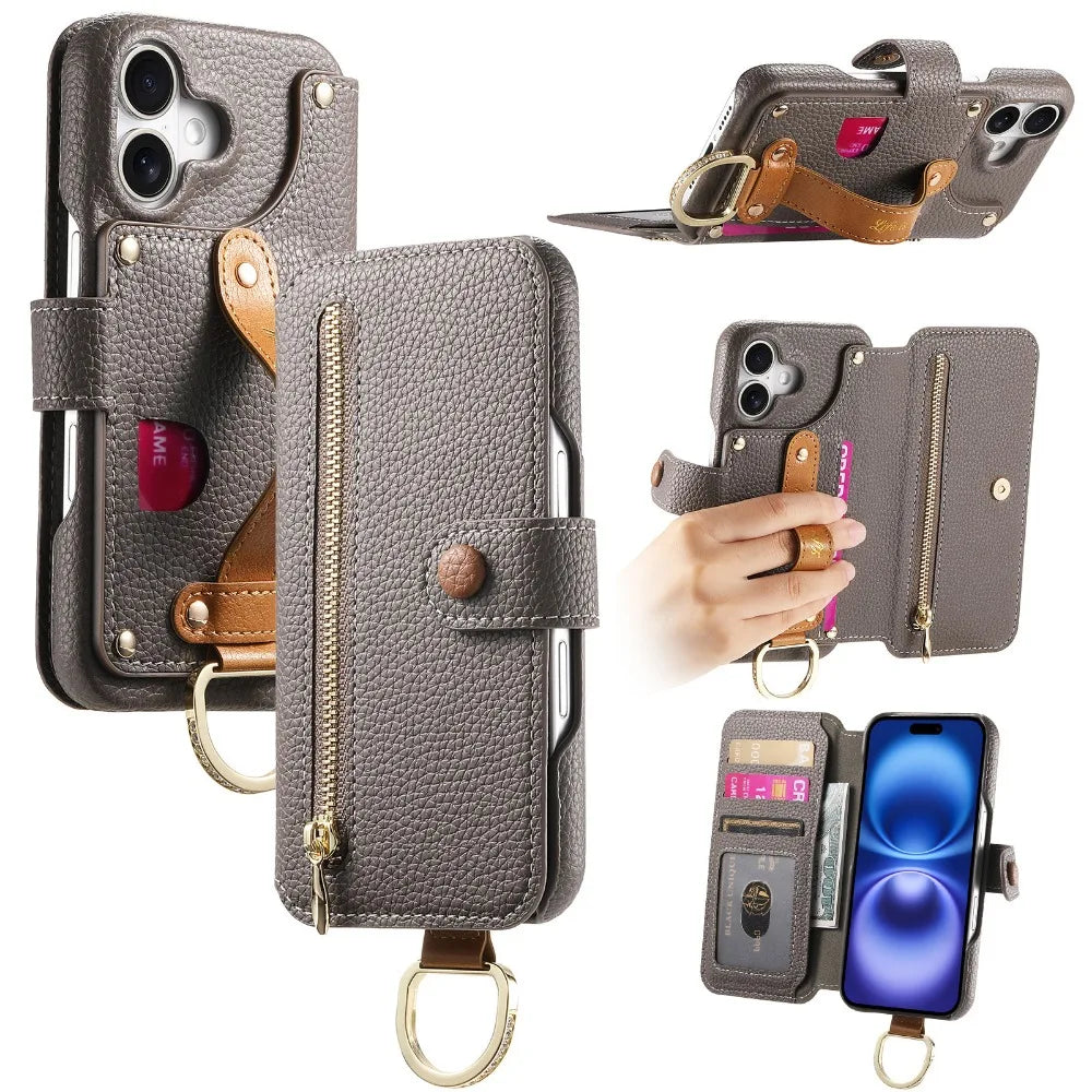 Luxury Wallet Flip iPhone Case – Card Slot Holder, Wrist Strap, Ring Kickstand, Shockproof Cover for iPhone Models