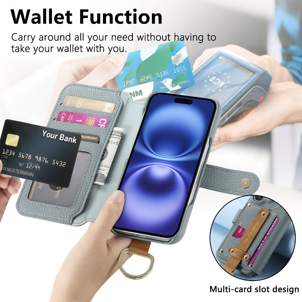 Luxury Wallet Flip Phone Case – Card Slot Holder, Wrist Strap, Ring Kickstand, Shockproof Cover for iPhone Models