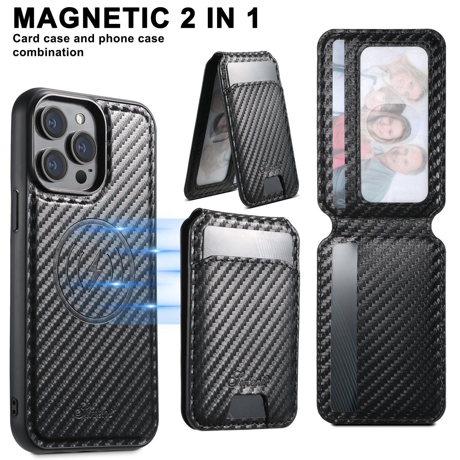 Premium 2-in-1 Carbon Fiber Wallet Case – Magnetic Card Holder, Removable Cover, Shockproof Protection, Sleek Design for iPhone Models