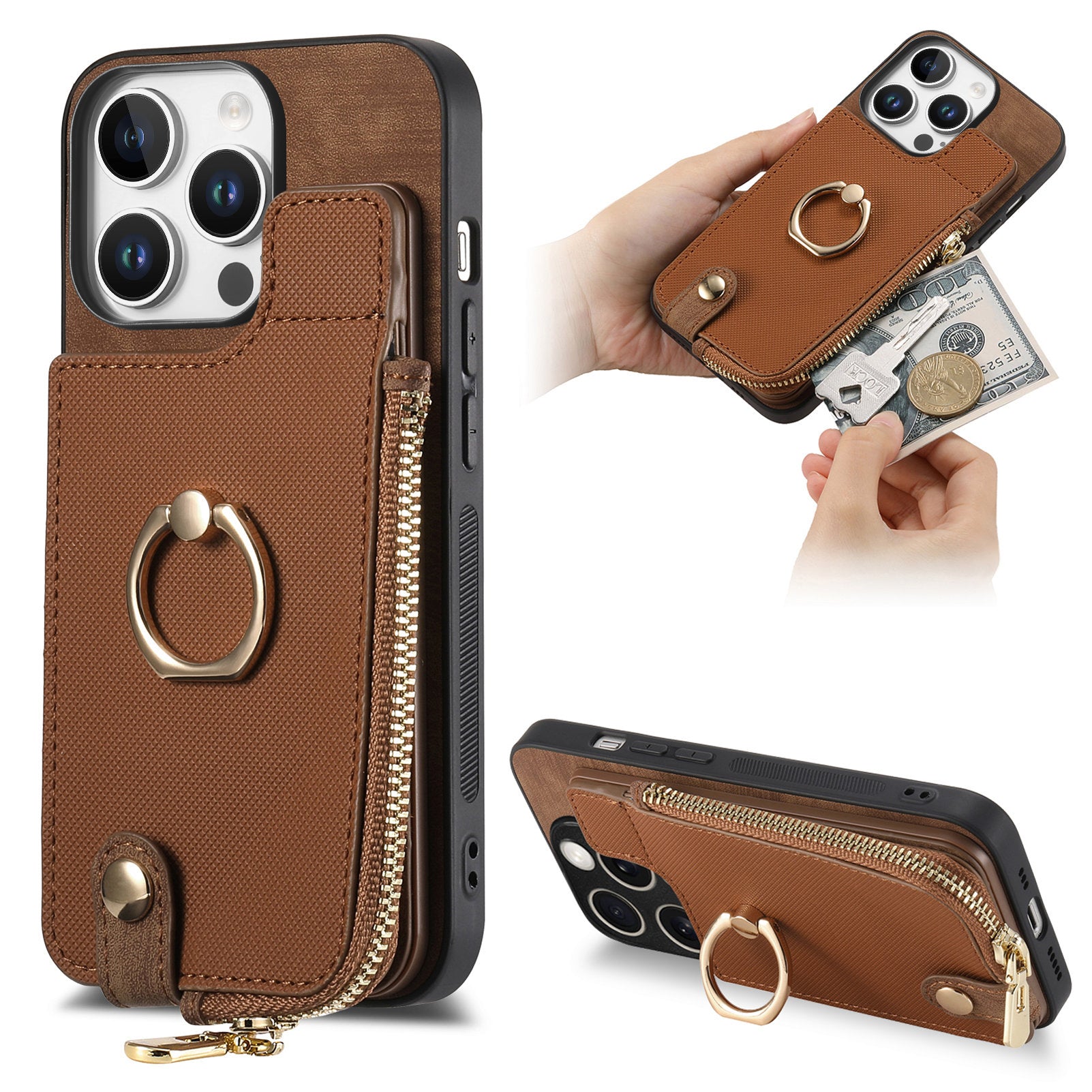 Luxury Zipper Wallet Leather Phone Case – Card Holder, Ring Kickstand, Shockproof Protection, and Stylish Crossbody Design for Secure & Convenient Use