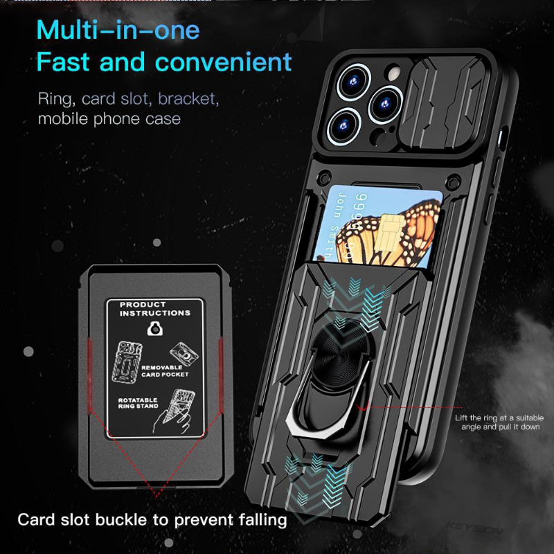 Hidden Slide Card Slot Case – Lens Protection, Magnetic Ring Stand, Shockproof Cover for iPhone Models