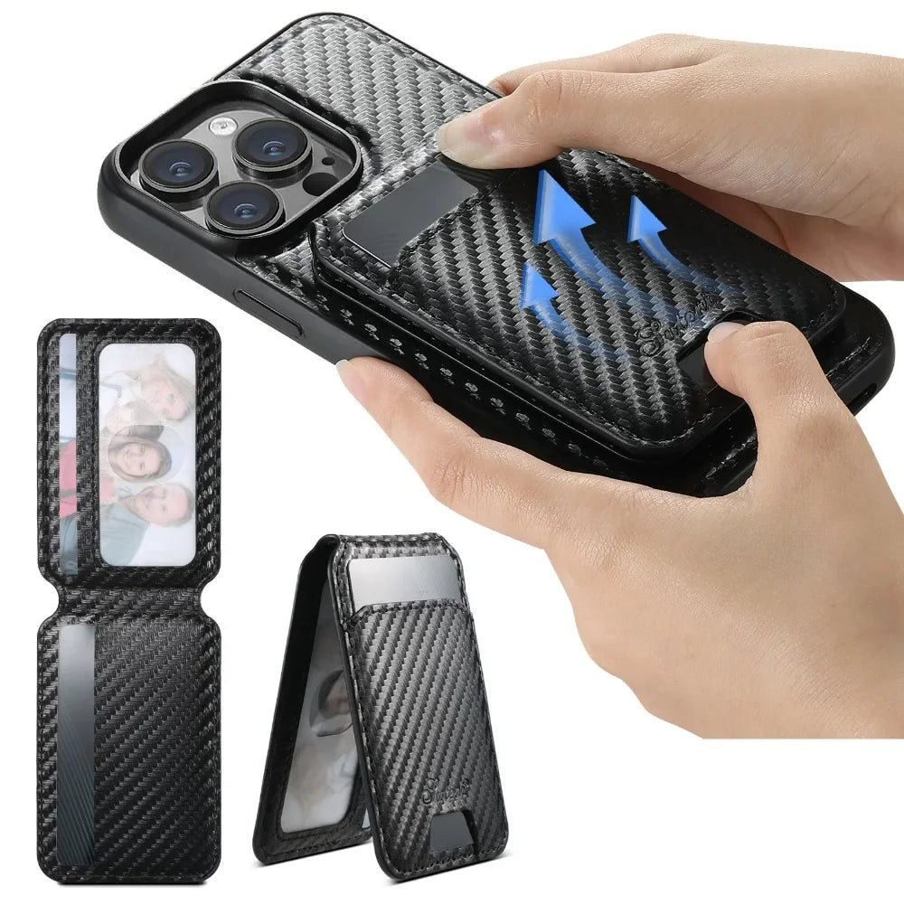 Premium 2-in-1 Carbon Fiber Wallet iPhone Case – Magnetic Card Holder, Removable Cover, Shockproof Protection, Sleek Design for iPhone Models