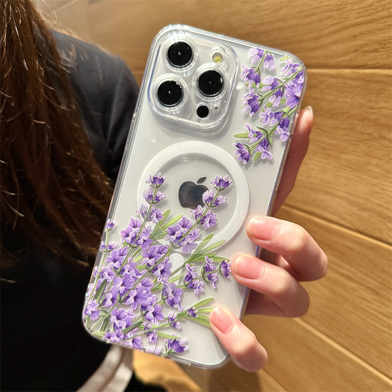 Transparent Floral MagSafe Case - Clear Shockproof Phone Cover with Magnetic Wireless Charging Compatibility Case for iPhone