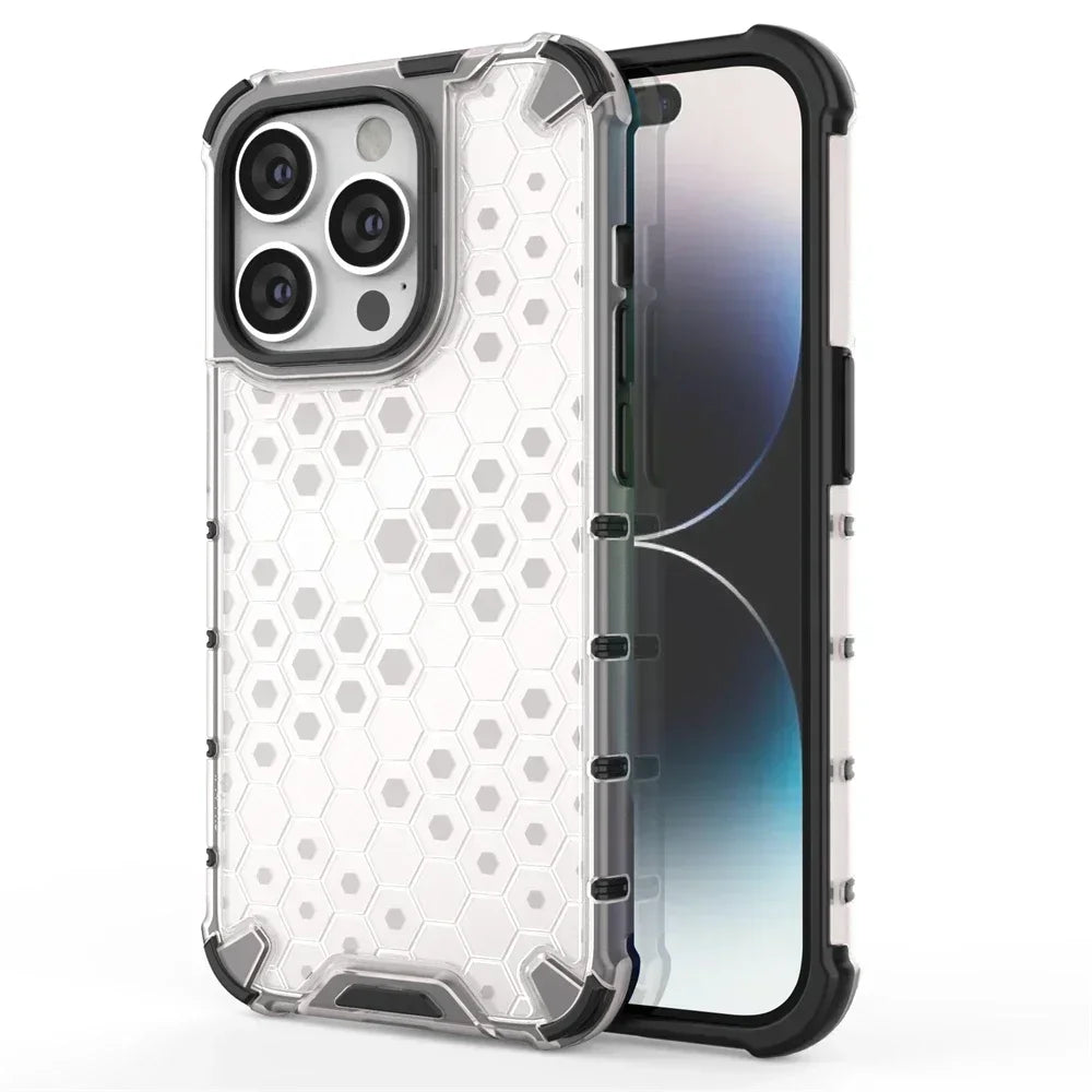 KEYSION Shockproof Armor Case – Soft Silicone + PC Transparent Honeycomb Back Cover for iPhone Models, Durable and Protective Design