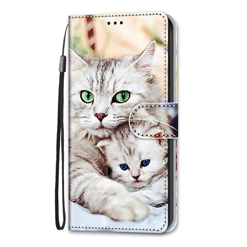 Kids Wallet Flip Case for iPhone – Etui Card Holder, Flower & Cat Painted Pattern, Leather Phone Cover with Magnetic Closure