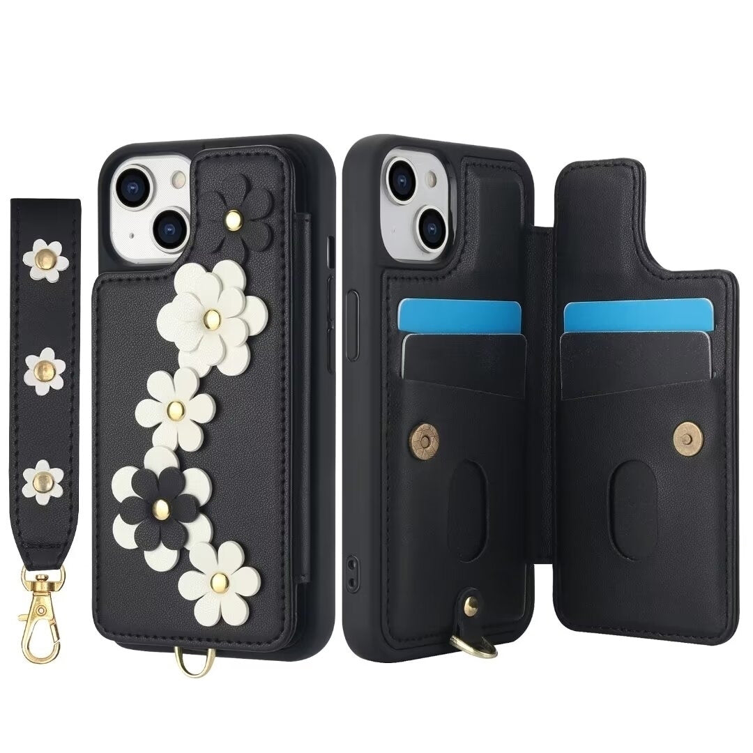 Luxury Crossbody Wallet Leather Phone Case – 3D Flower Design, Card Slot, Wrist Strap, Magnetic Closure, Protective Cover