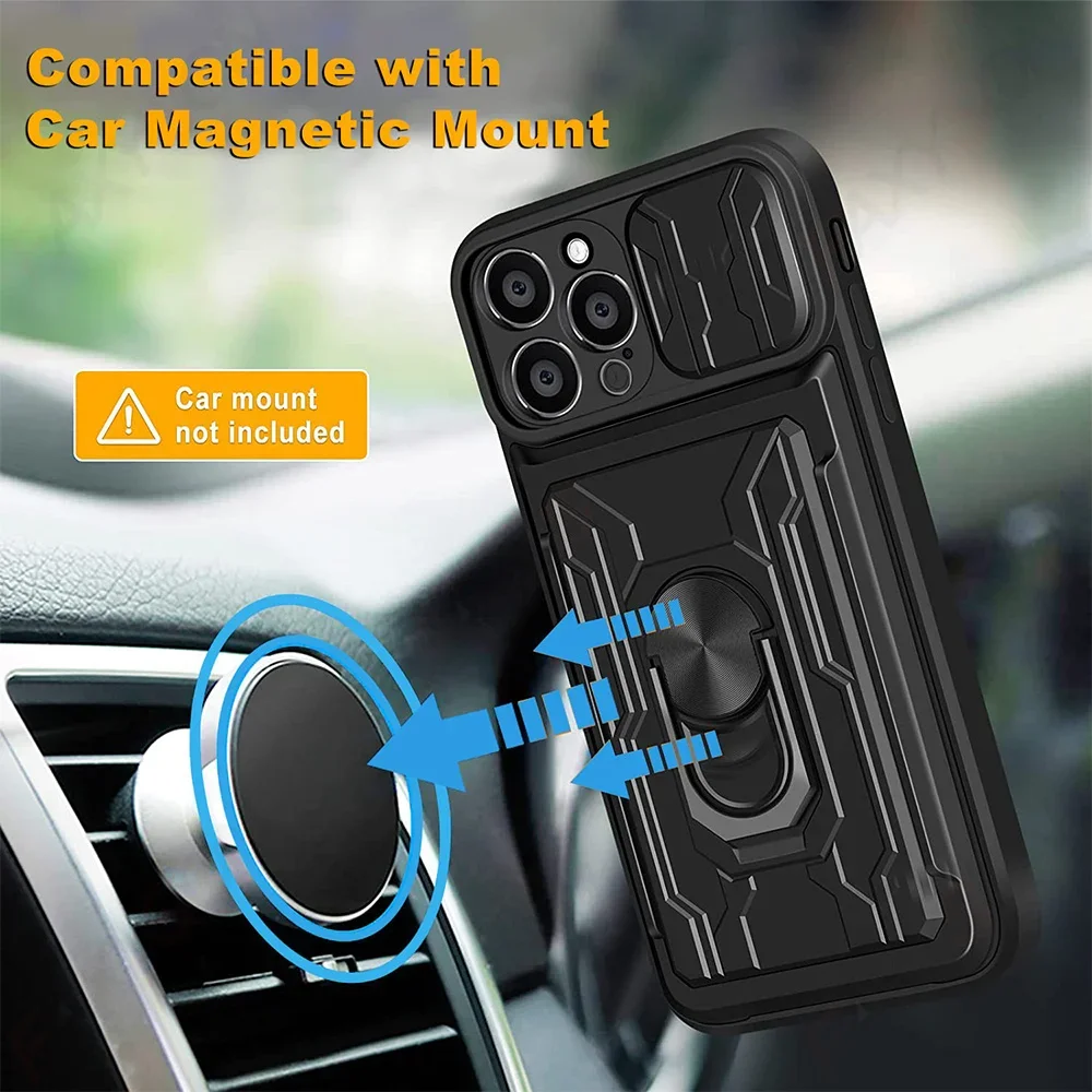 Military Grade Magnetic iPhone Case – Slide Camera Cover, Card Slot, 360° Ring Stand for iPhone Models