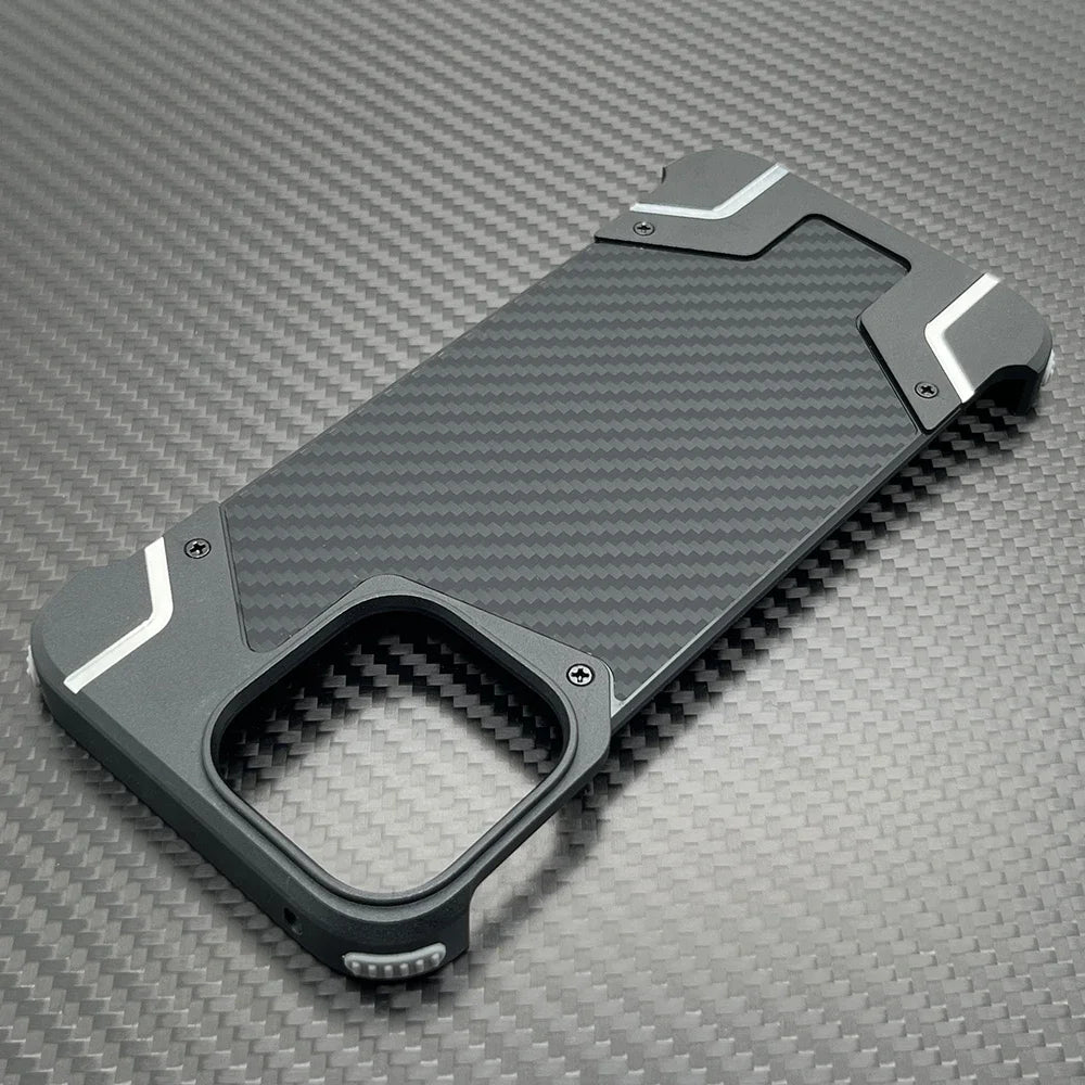 Carbon Fiber Metal Armor Case – Frameless Shockproof Cover with Built-In Invisible Magnetic Design for iPhone Models