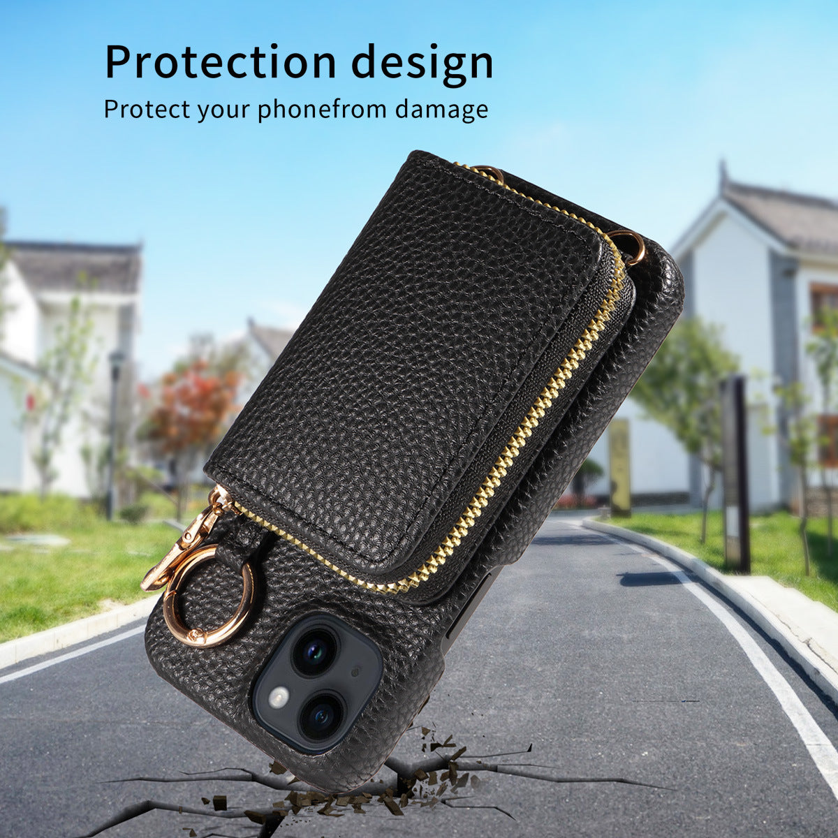 Luxury Zipper Wallet Crossbody Phone Case – Leather Cover with Card Holder, Lanyard Strap, and Full Protection for iPhone Models